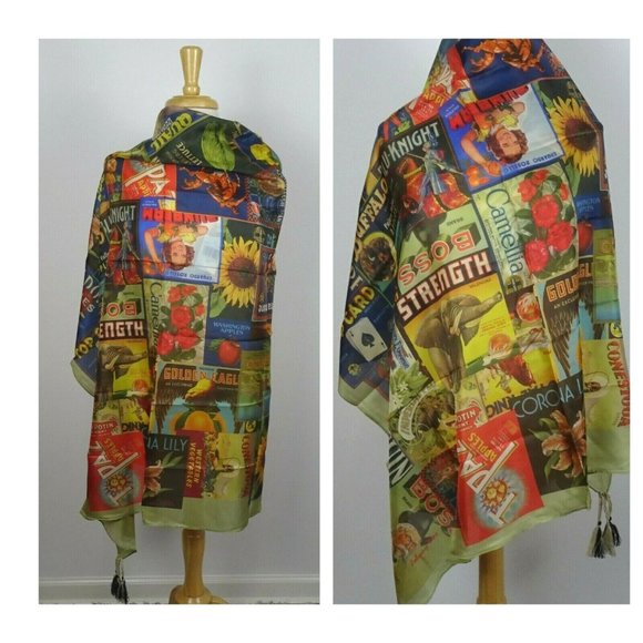 New JOHNNY WAS Crate Silk Tassel Scarf Green Multicolor Colorful Print Floral - Picture 3 of 13